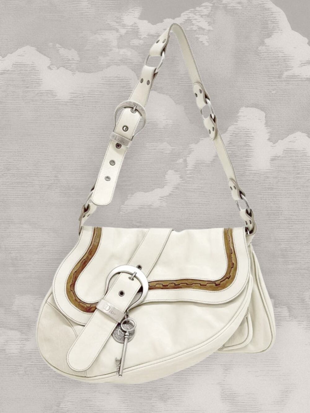 CHRISTIAN DIOR Gaucho Saddle Shoulder Bag White Leather Vintage Rare Y2K